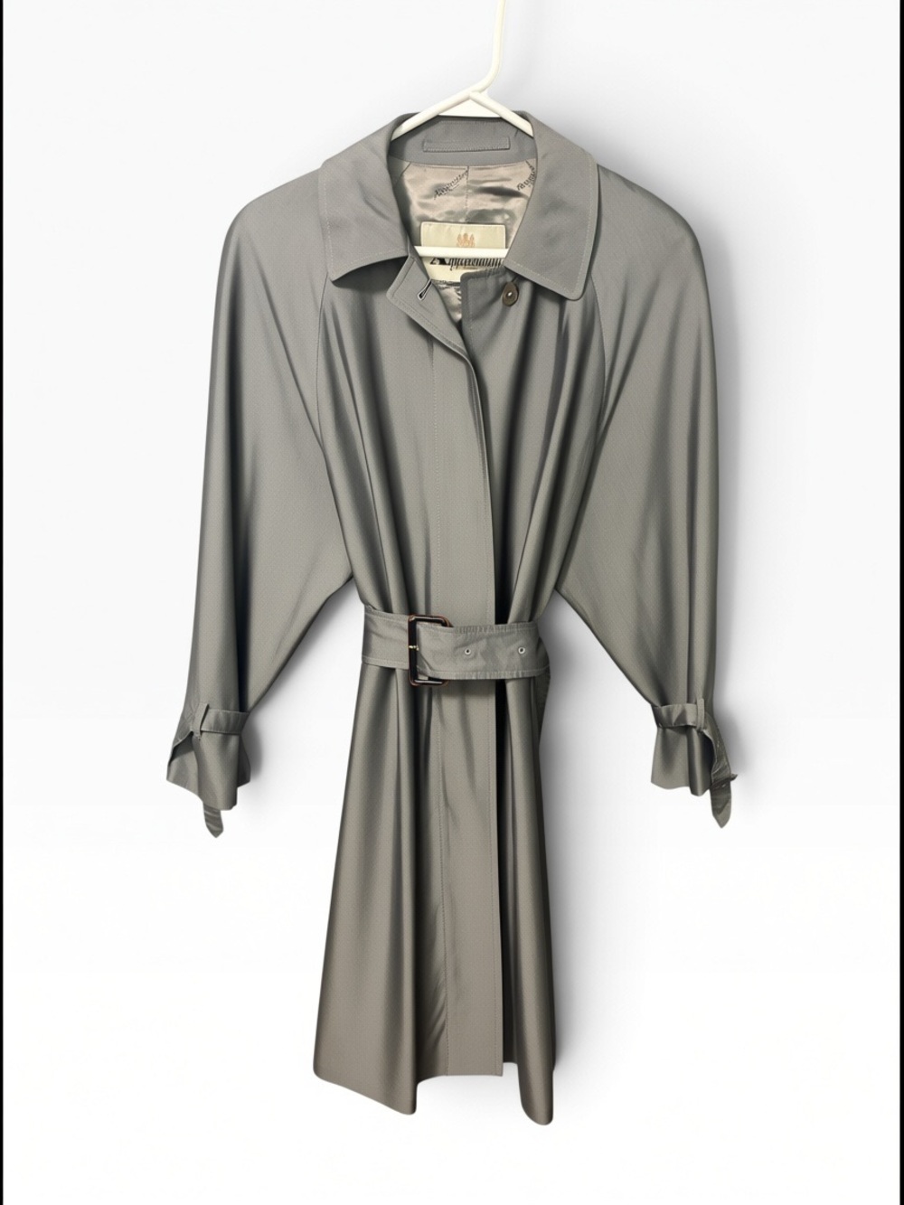 Vintage Aquascutum Silk Trench Coat Gray Silver Sz L